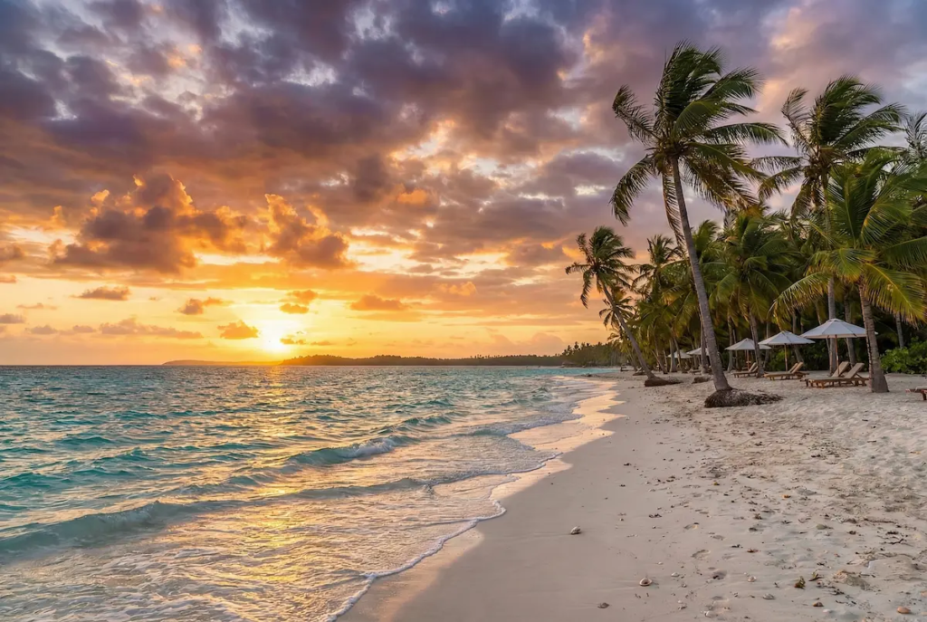 A breathtaking sunset over a pristine white sand beach lined with leaning palm trees, featuring calm turquoise waves and lounge chairs under umbrellas.