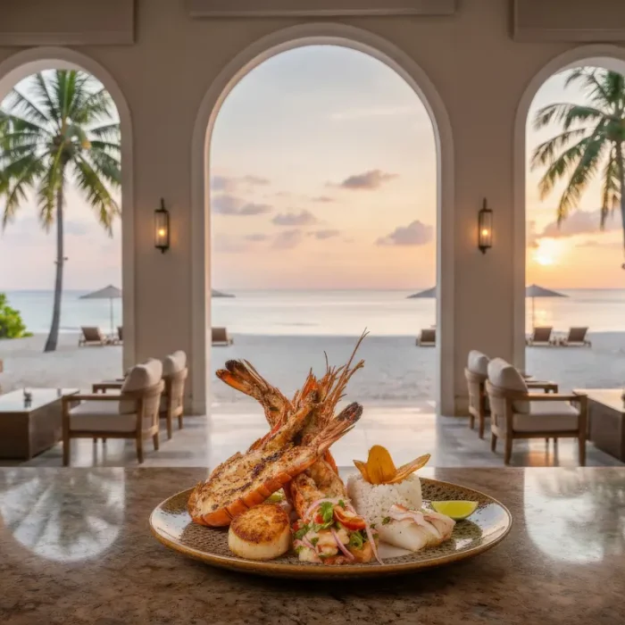 A gourmet grilled seafood platter on a marble bar, framed by elegant arches with a sunset beach view in the background.