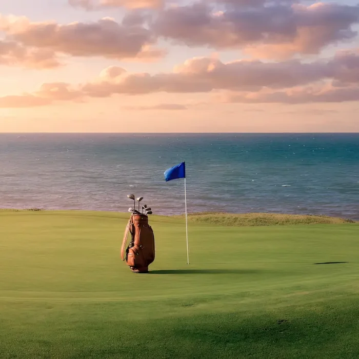 Oceanfront golf green at Grand Cay with flag and golf bag overlooking the sea