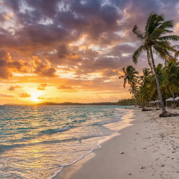 A breathtaking sunset over a pristine white sand beach lined with leaning palm trees, featuring calm turquoise waves and lounge chairs under umbrellas.