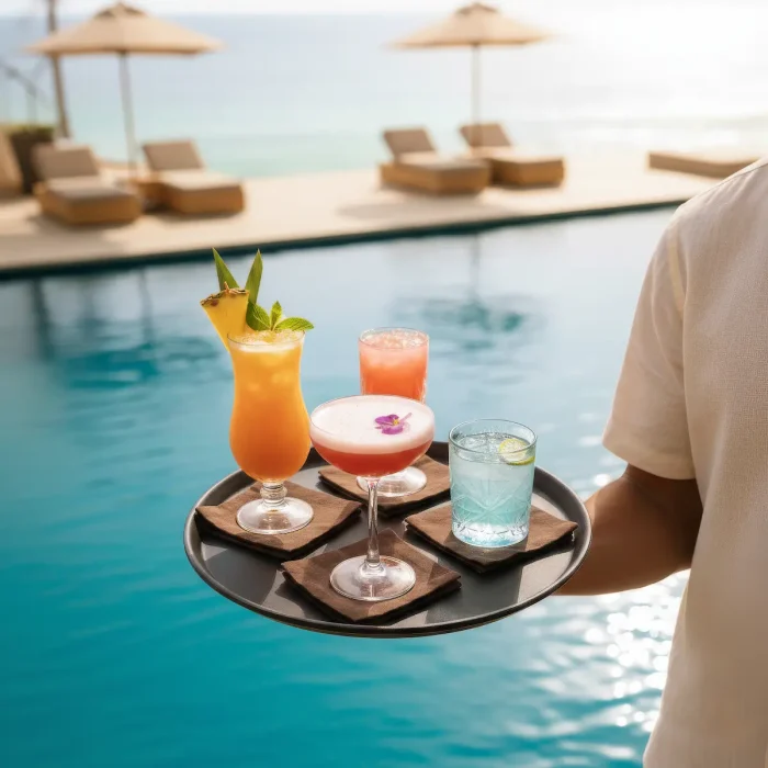 A server holding a tray with four colorful tropical cocktails next to a luxury resort infinity pool.